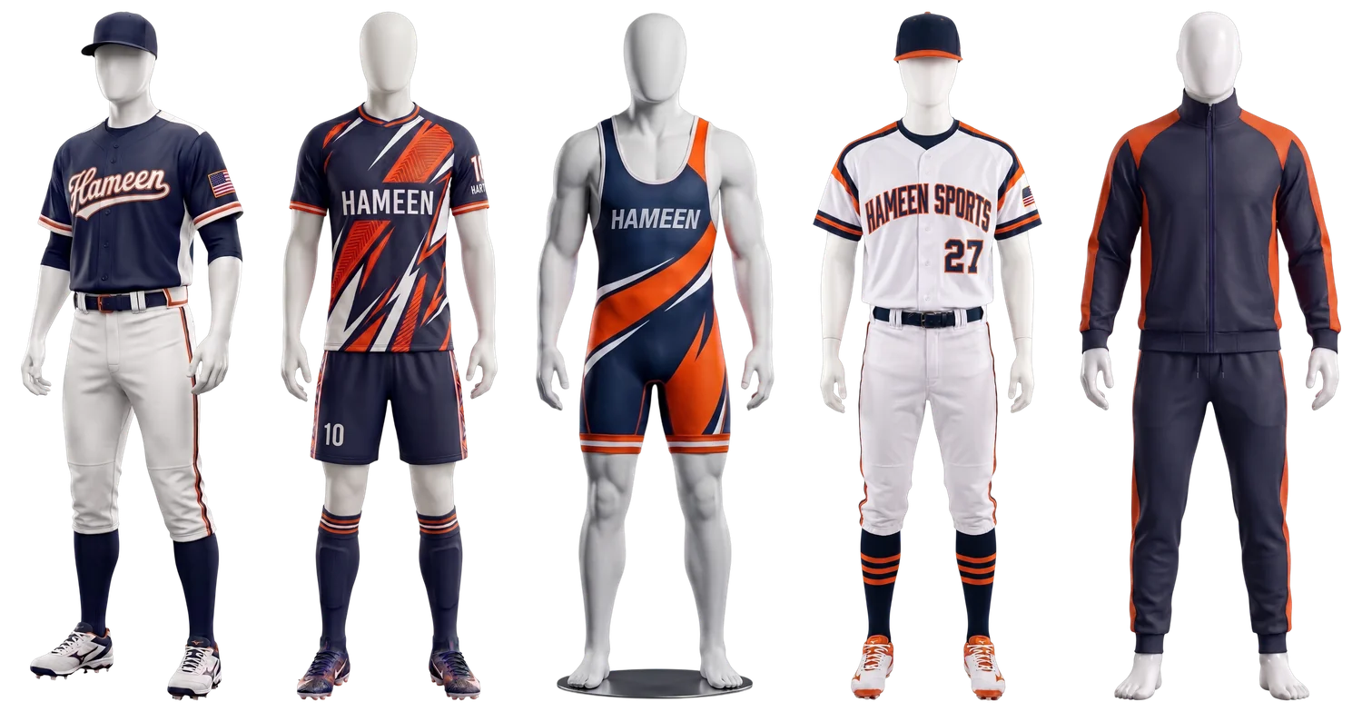 Hameen Sports custom uniform lineup — baseball, soccer, wrestling and warm-up gear in navy and orange